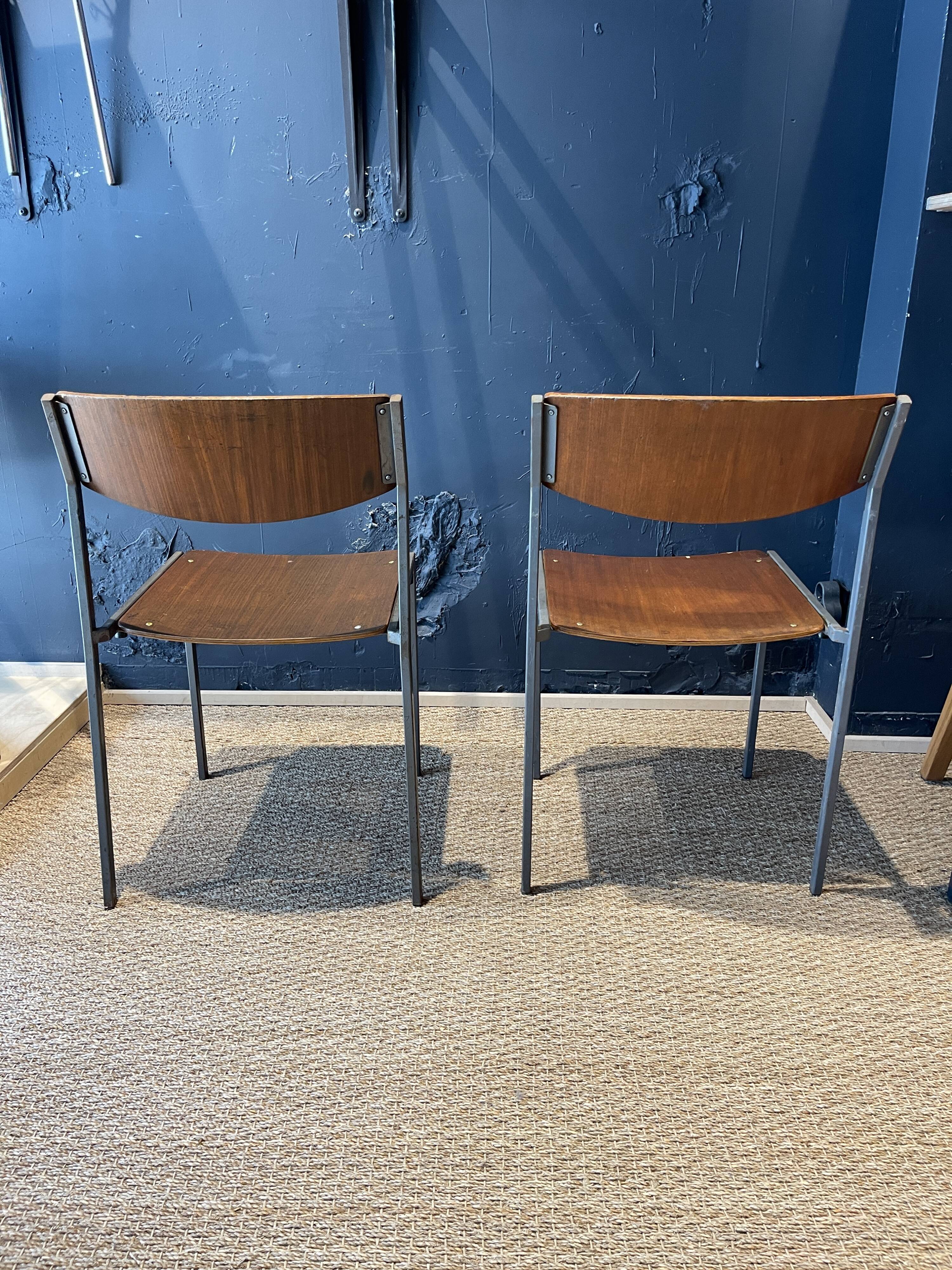 Pair of Gijs Van Der Sluis chairs in wood and taupe grey steel legs, Netherlands
