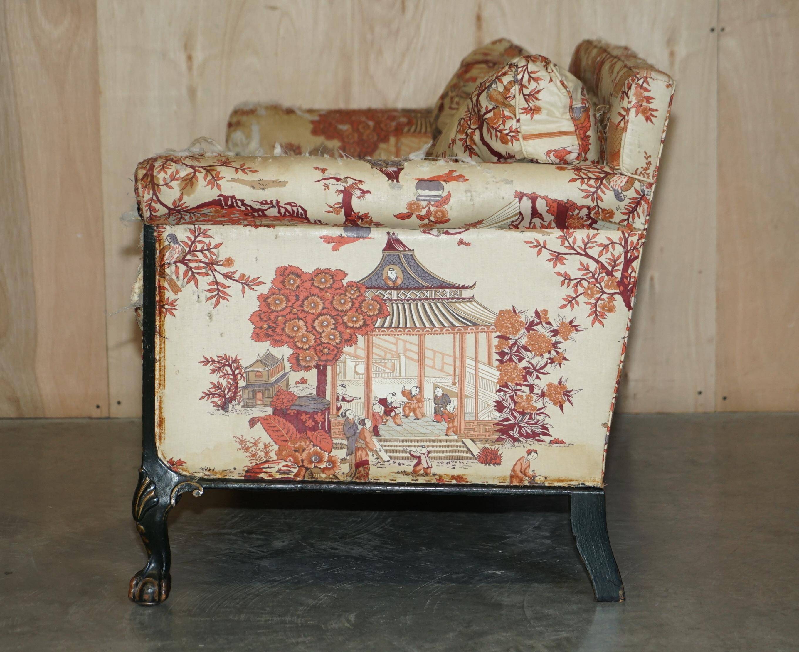 Antique Howard & Sons canapé, Aesthetic Movement, claw and ball feet, chinoiserie fabric.