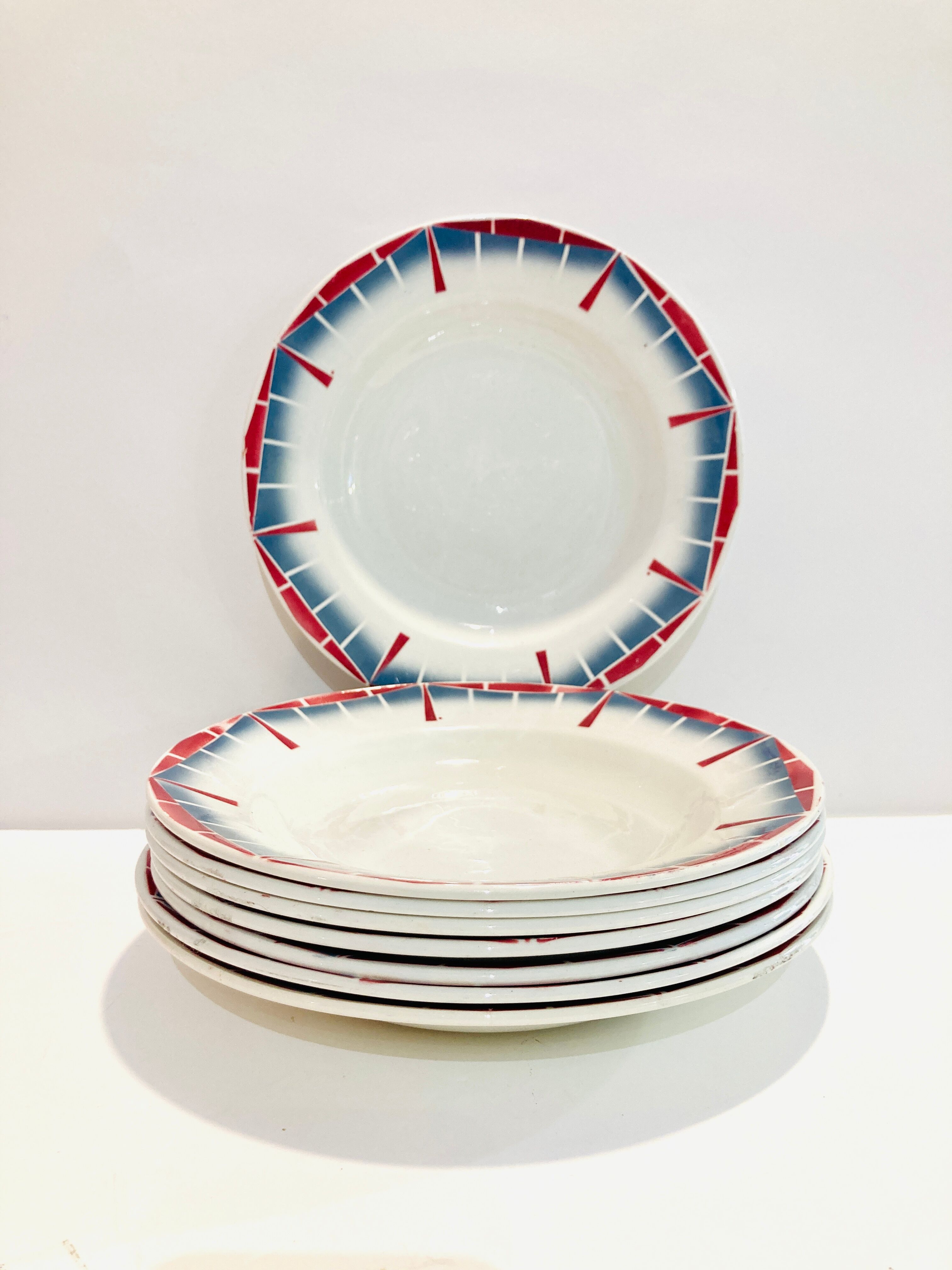 8 hollow plates ceranord st amand boulingrin pink and blue -vintage-kitchen-retro