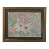 Lithograph painting signed pointillist style flowers