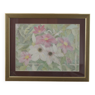 Lithograph painting signed pointillist style flowers