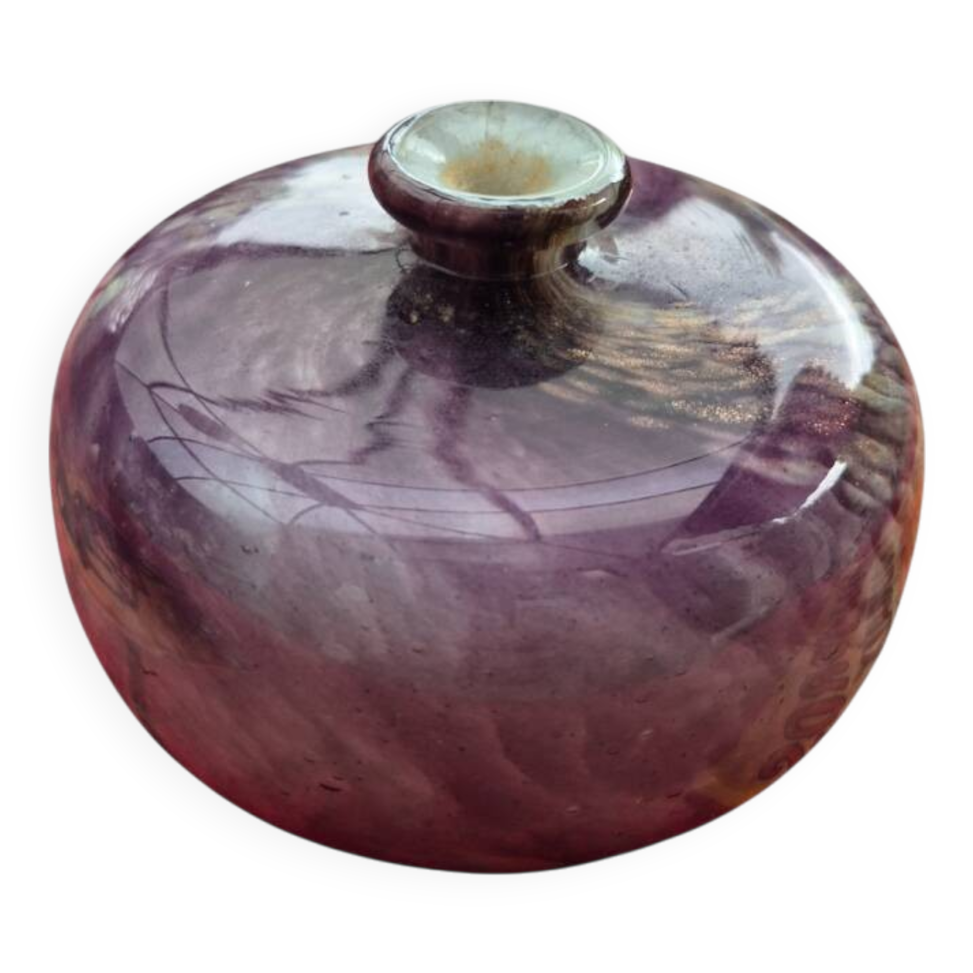 Vase panse aplatie à décor de spirales violettes et dorées