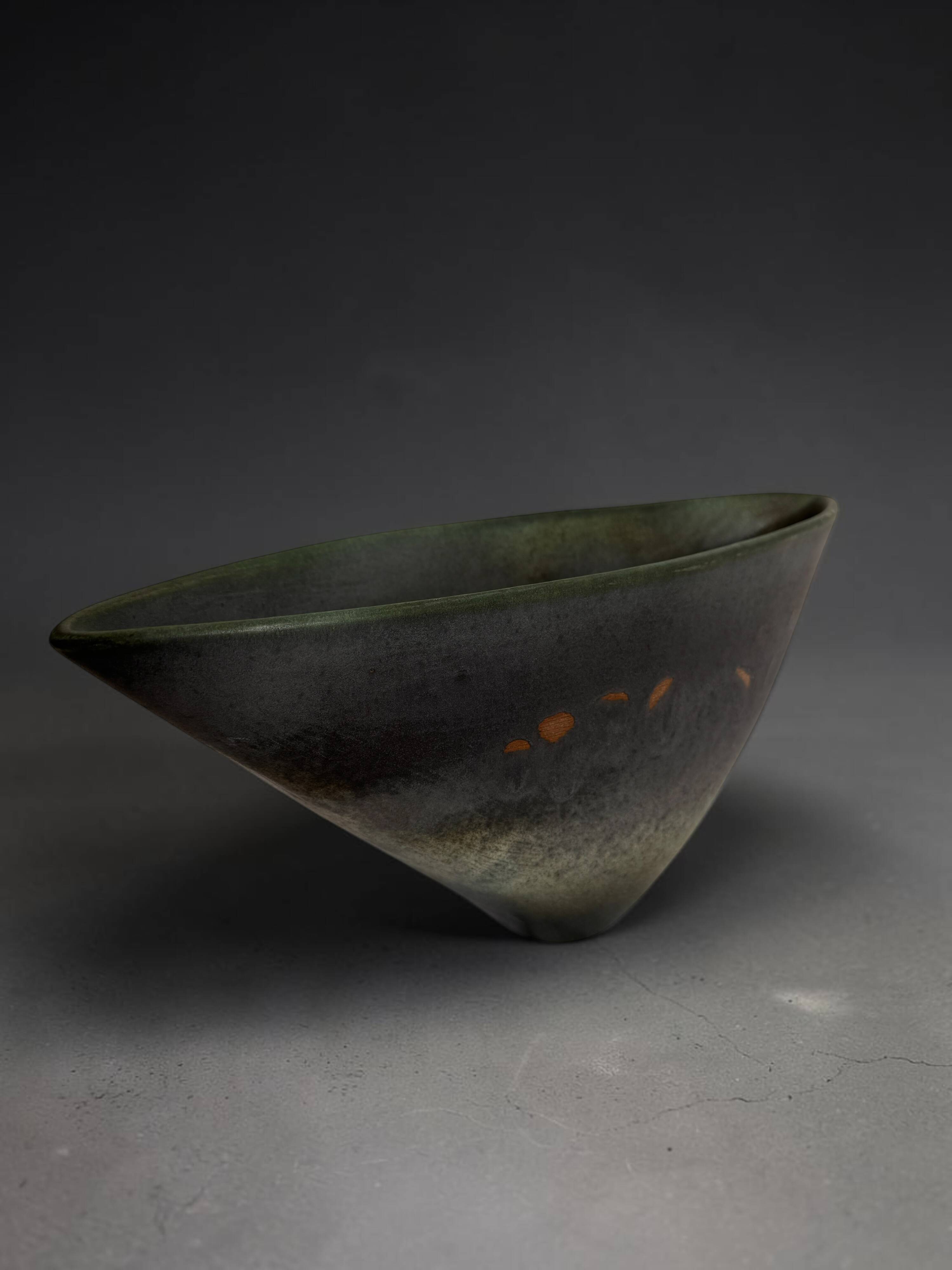 Antonio Lampecco shuttle vase, glazed grey-green ceramic, signed.