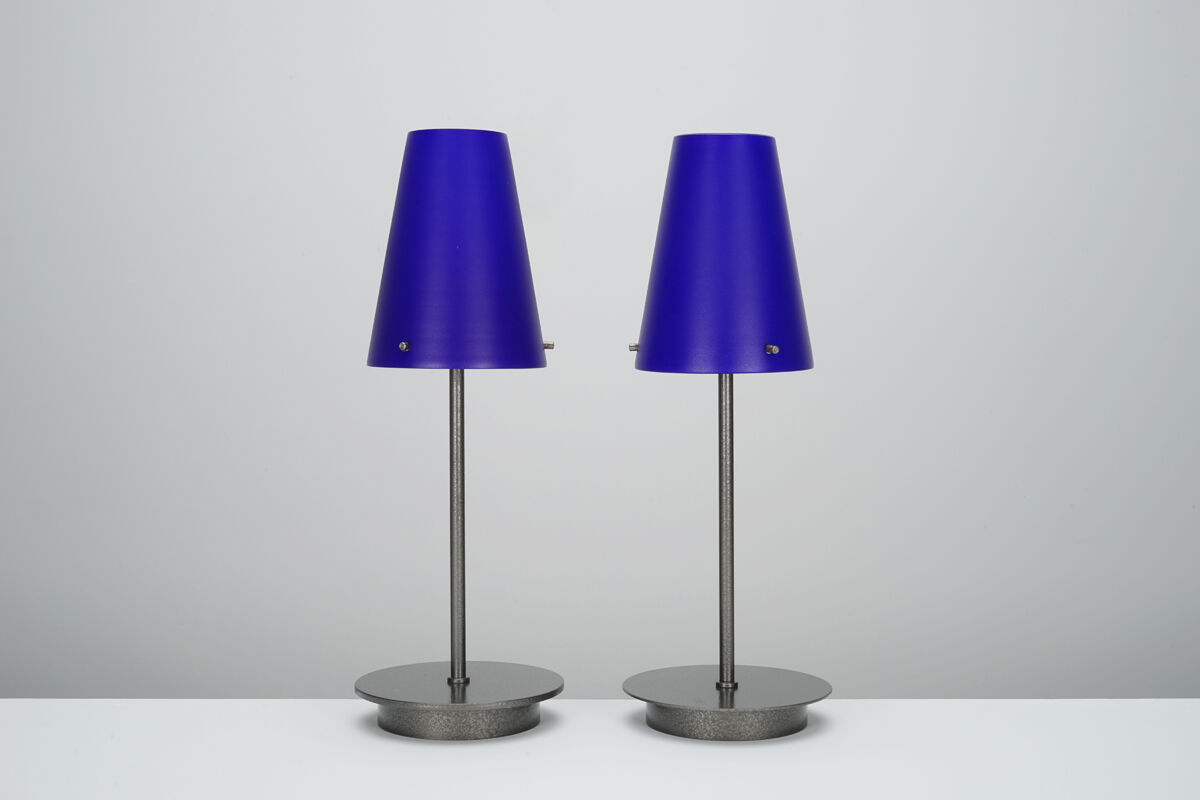 Pair of postmodern lamps in glass and metal circa 1980