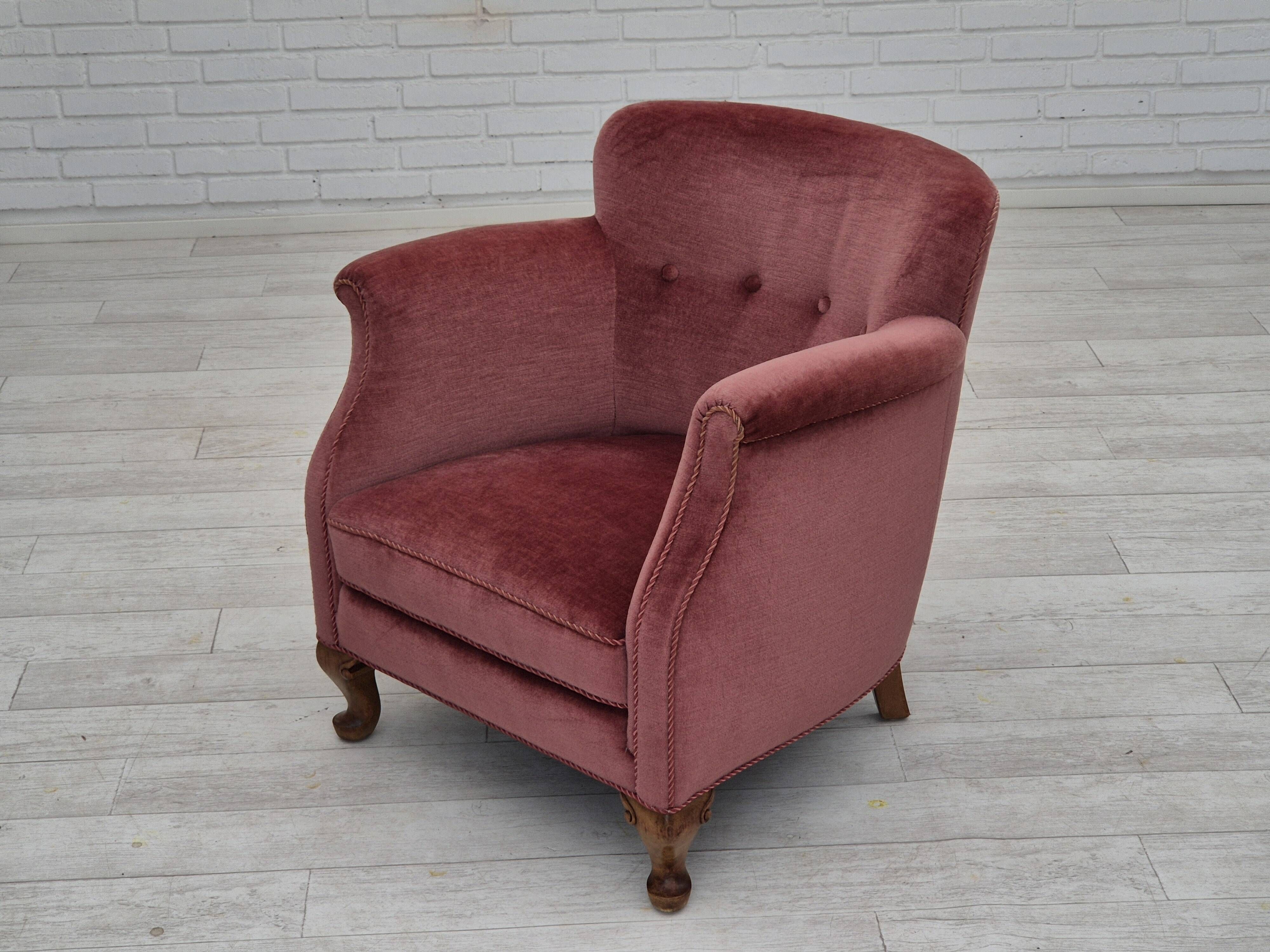 1960s, pair of Danish lounge chairs, original condition, light pink furniture velour.