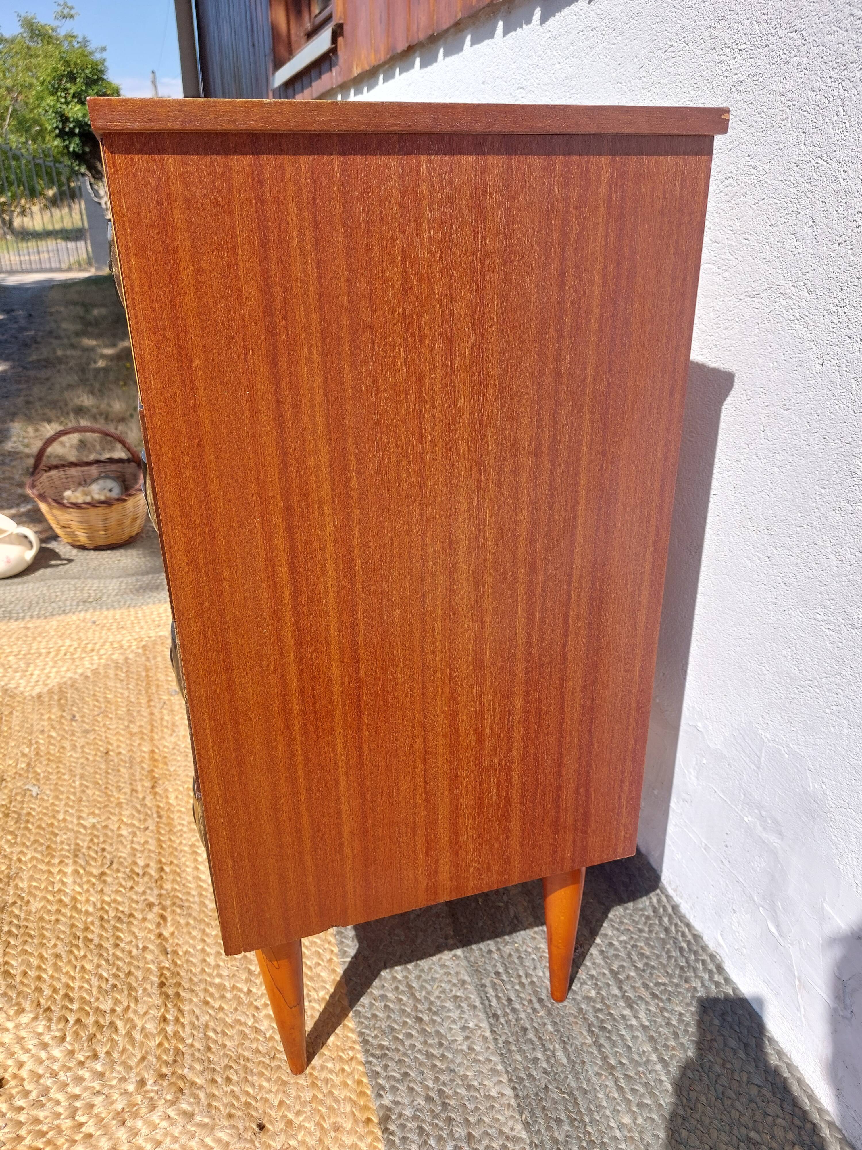 1960s chest of drawers, spindle legs, recessed handles