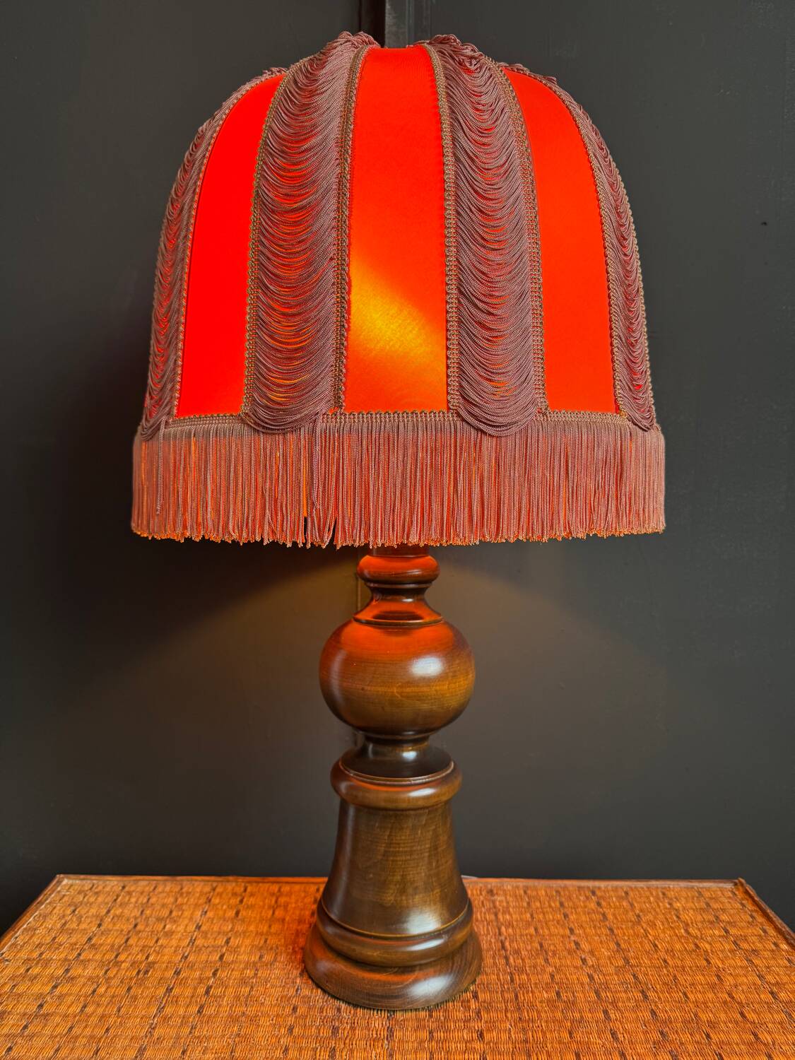 Large 1960s bell-shaped lamp with fringed shade
