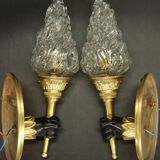 Pair of torchiere wall lights with hands - gilded bronze and black patina