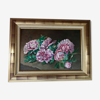 Huile sur toile pivoines en bouquet