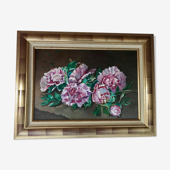 Oil on canvas peonies in bouquet