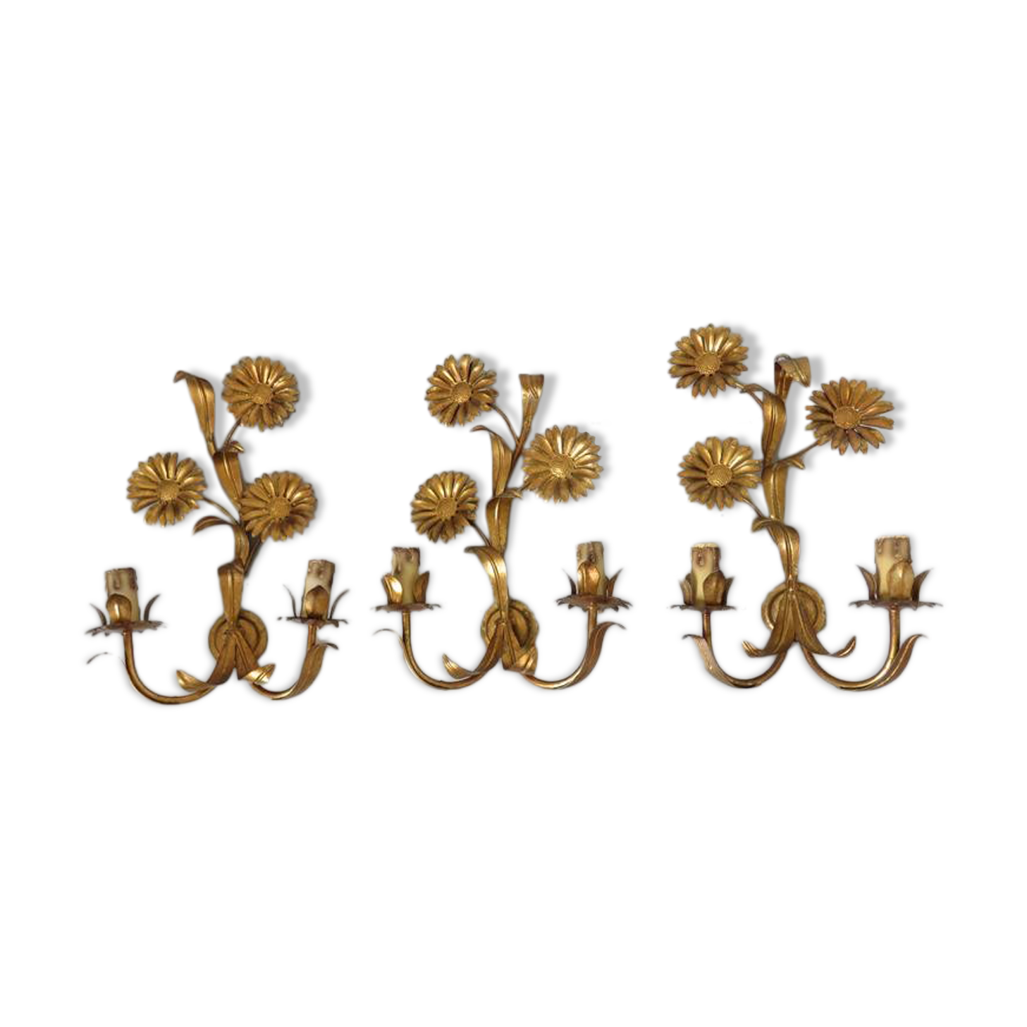 Series of 3 flower appliques "sunflowers" in 70s gold metal