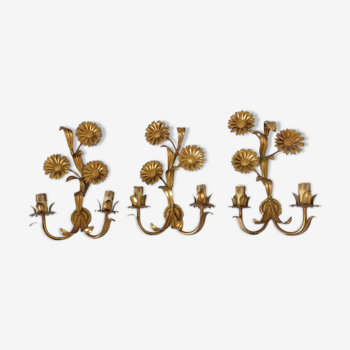 Série de 3 appliques fleurs " tournesols " en métal doré années 70