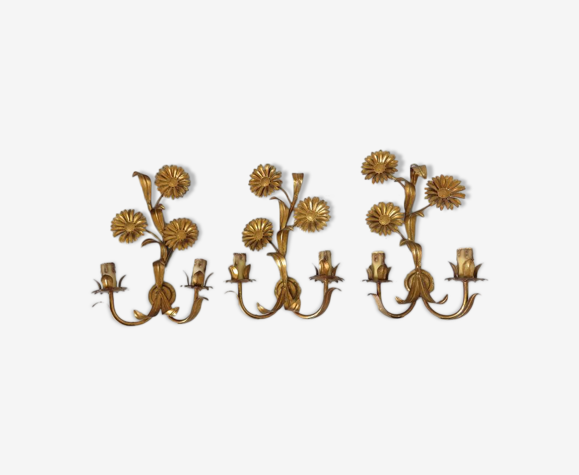 Série de 3 appliques fleurs " tournesols " en métal doré années 70