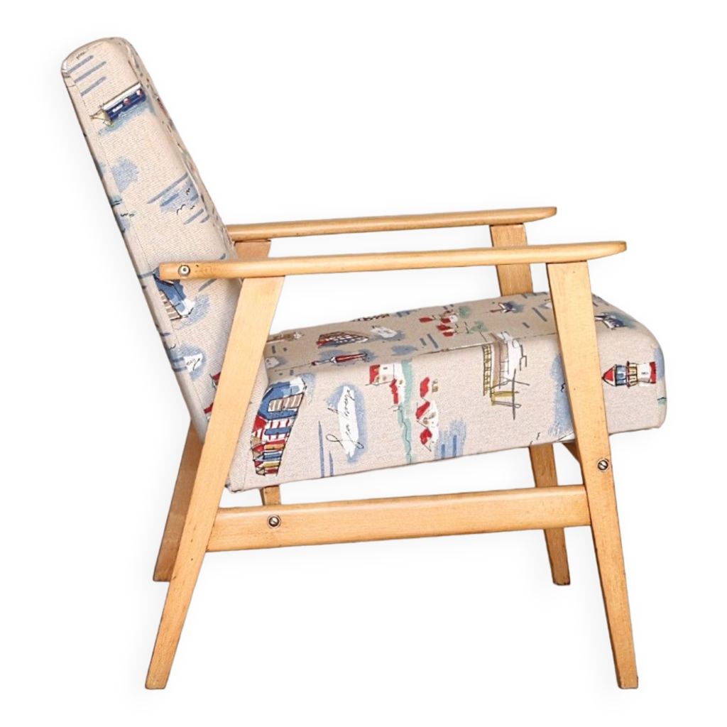 Fauteuil en bois vintage chaise longue design original de 1970 Marin