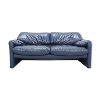 Canapé Maralunga en cuir bleu indigo Cassina, années 1990