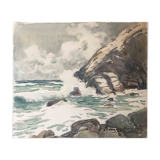 Marine watercolor, raging seaside signed