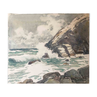 Marine watercolor, raging seaside signed