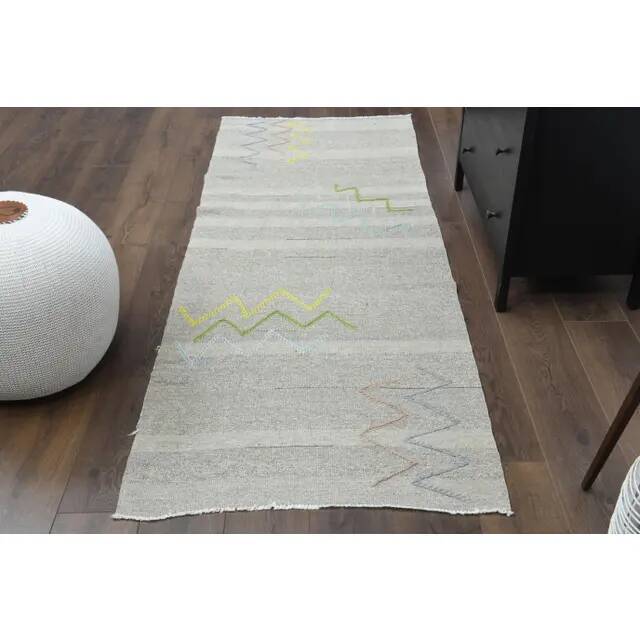 1970s Vintage Turkish Oushak Handmade Wool Cotton Gray Runner Rug 90x341