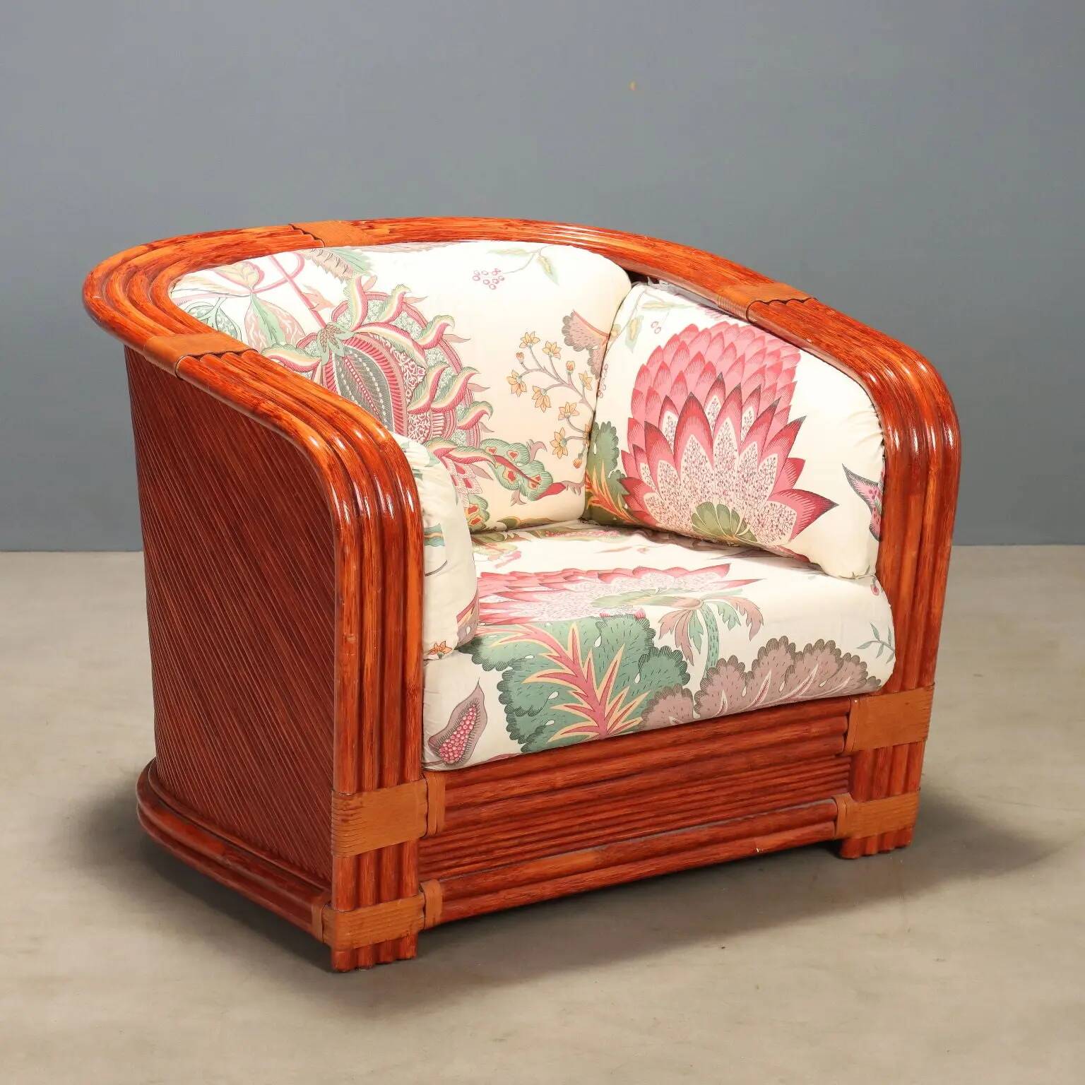 Red lacquered rattan and bamboo sofa from the 1980s.