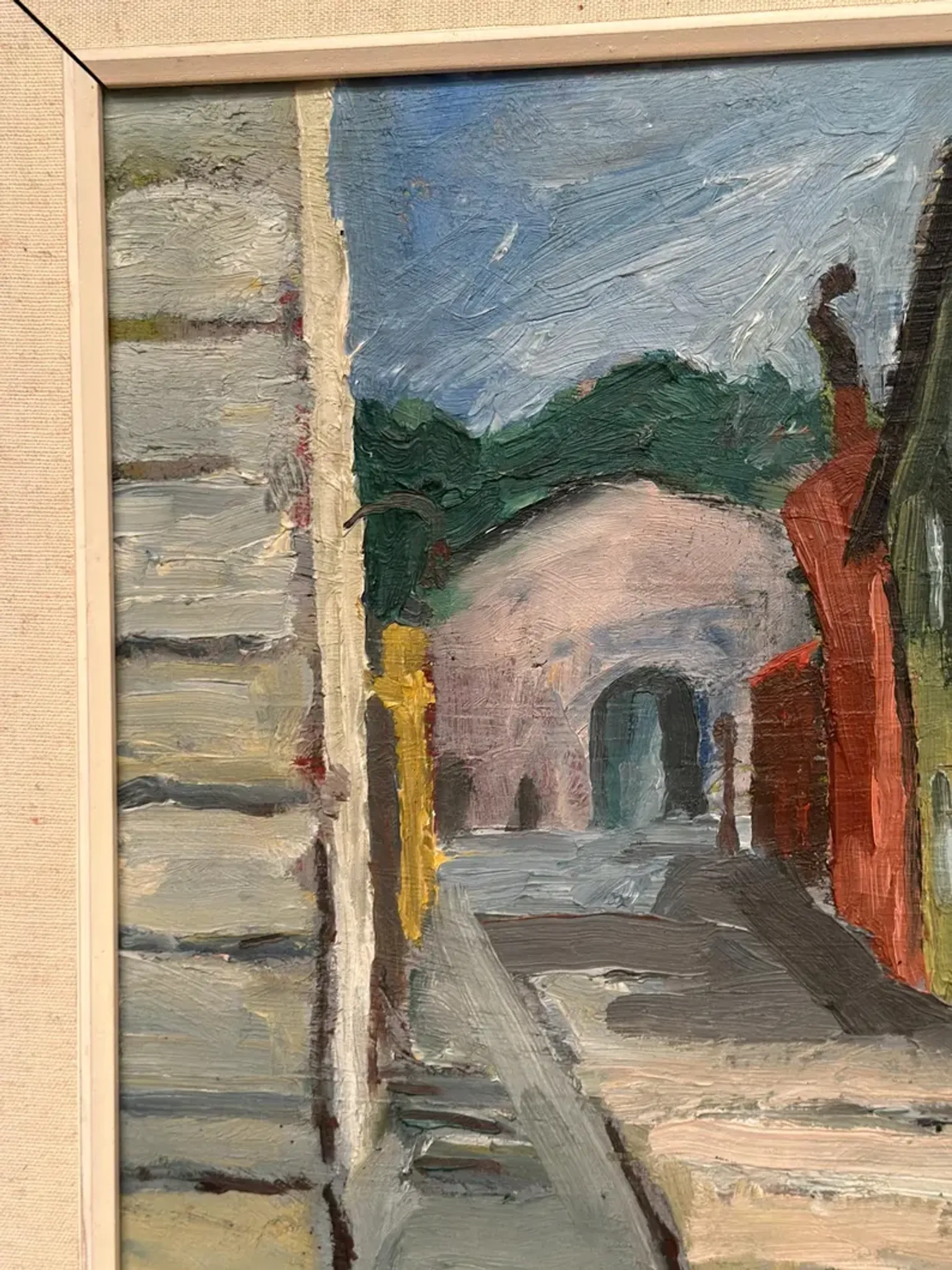 Original Swedish Oil on Panel – “Urban Landscape” by B. Gustavson – Signed – Dated 1947 – Vintage & Framed