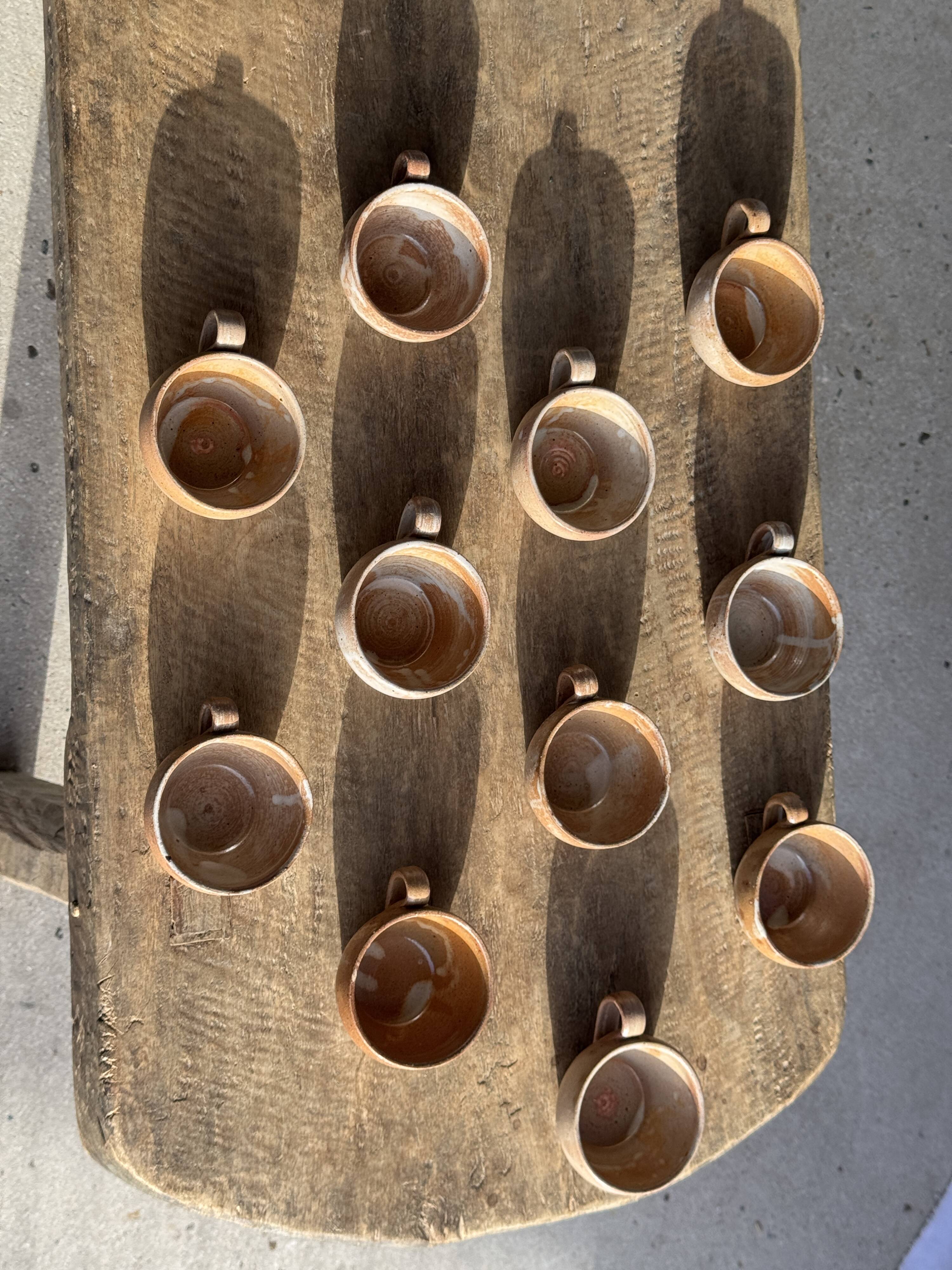 Set of 11 vintage coffee cups, raw matte stoneware H11