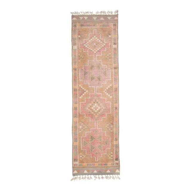 Vintage Turkish Hand-Knotted Wool Cotton Pink Runner92x335
