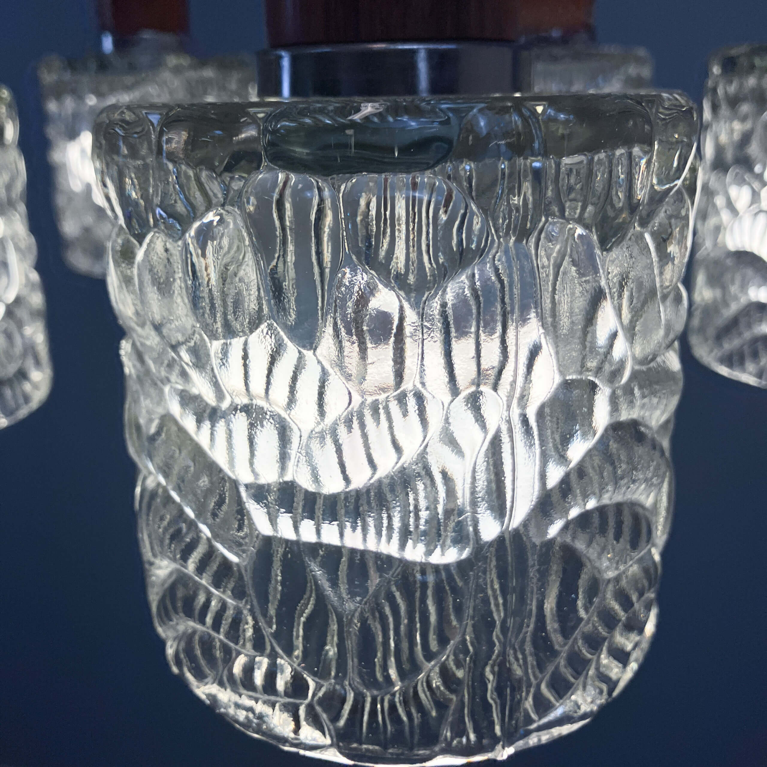 5-bulb cascade lamp, rosewood, chrome and textured glass shades, 1960s