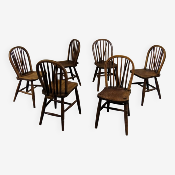 Ensemble de 6 chaises à repas anciennes Windsor 1900