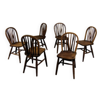 Ensemble de 6 chaises à repas anciennes Windsor 1900