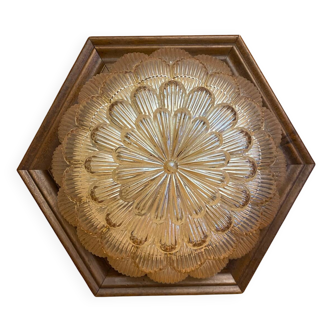 Antique Ceiling Light Wall Lamp Molded Glass + Wooden Support 70s Vintage