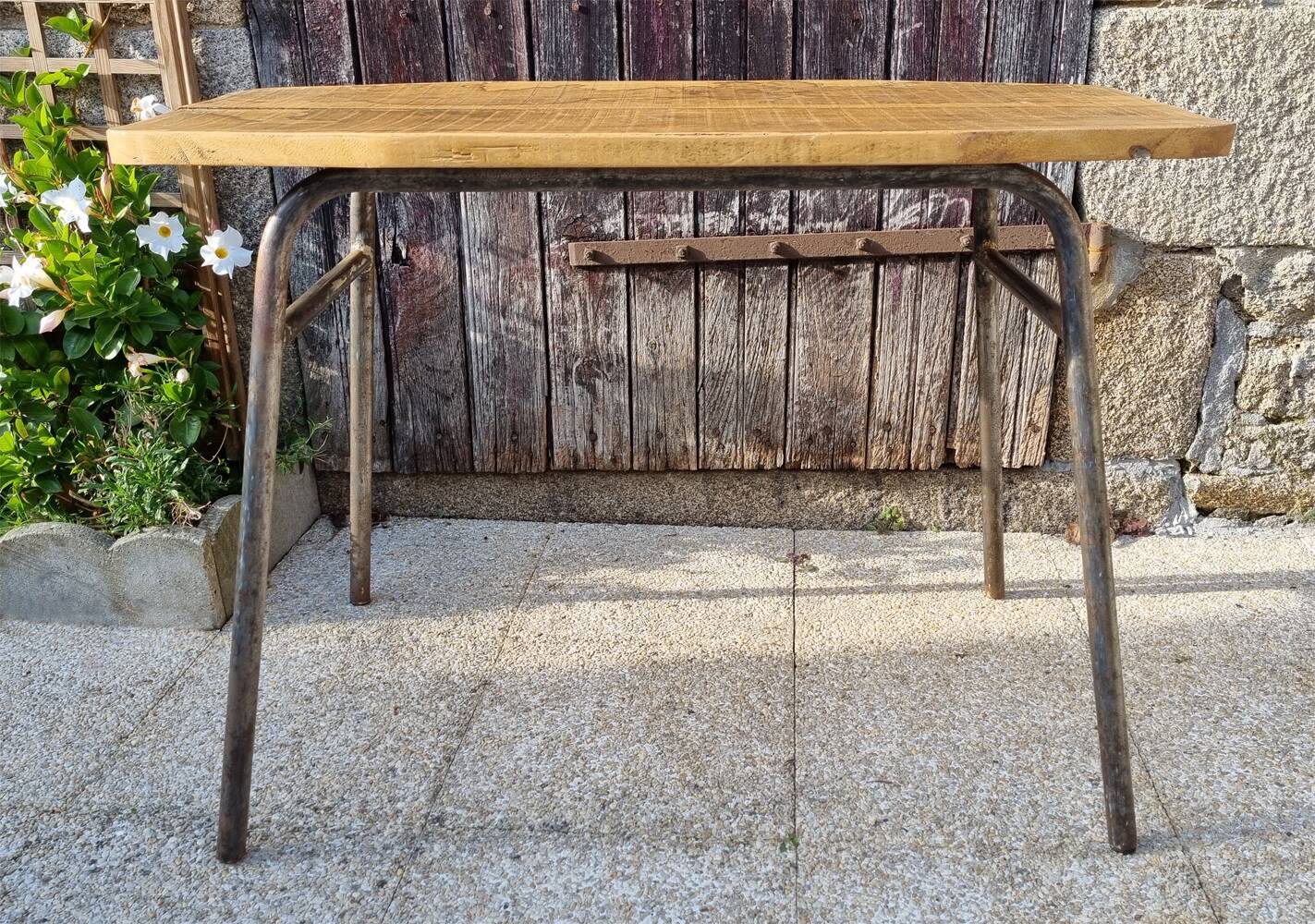 Console, table, raw wood, metal, vintage