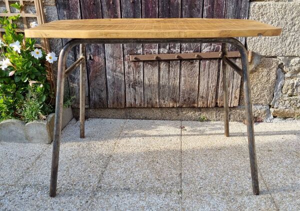 Console, table, bois brut, métal, vintage