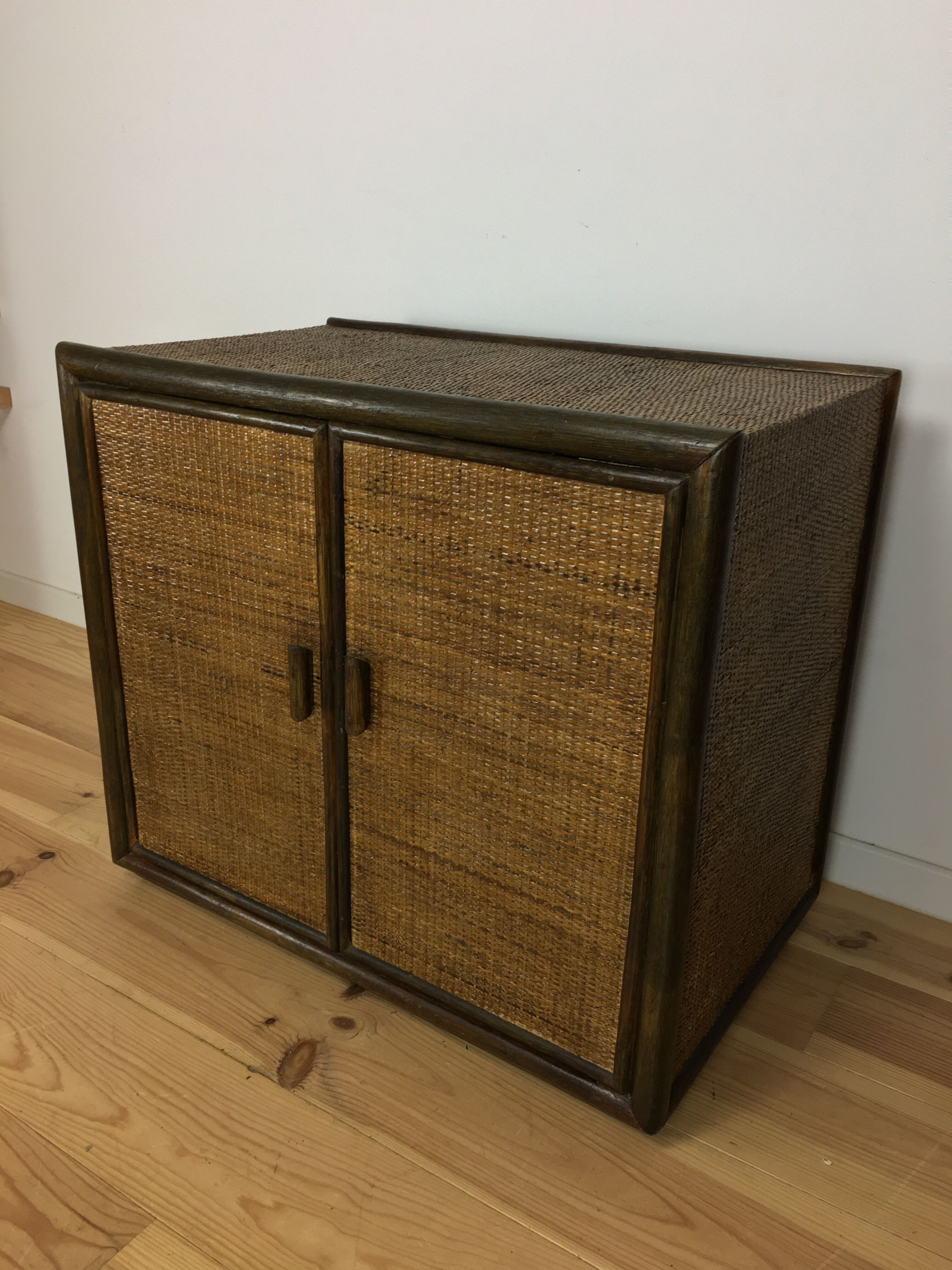 2-door woven rattan dresser, 70s