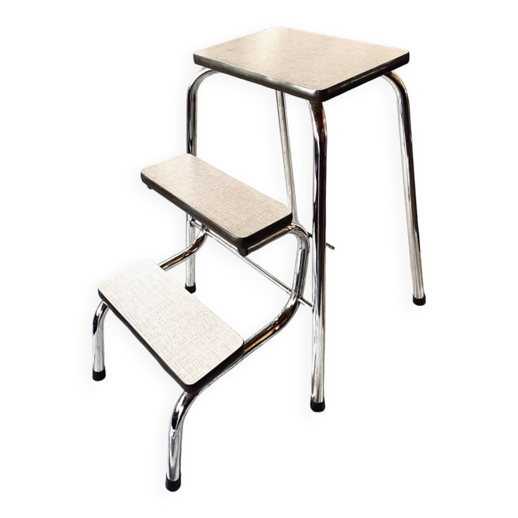 Vintage step stool in white Formica and chrome steel