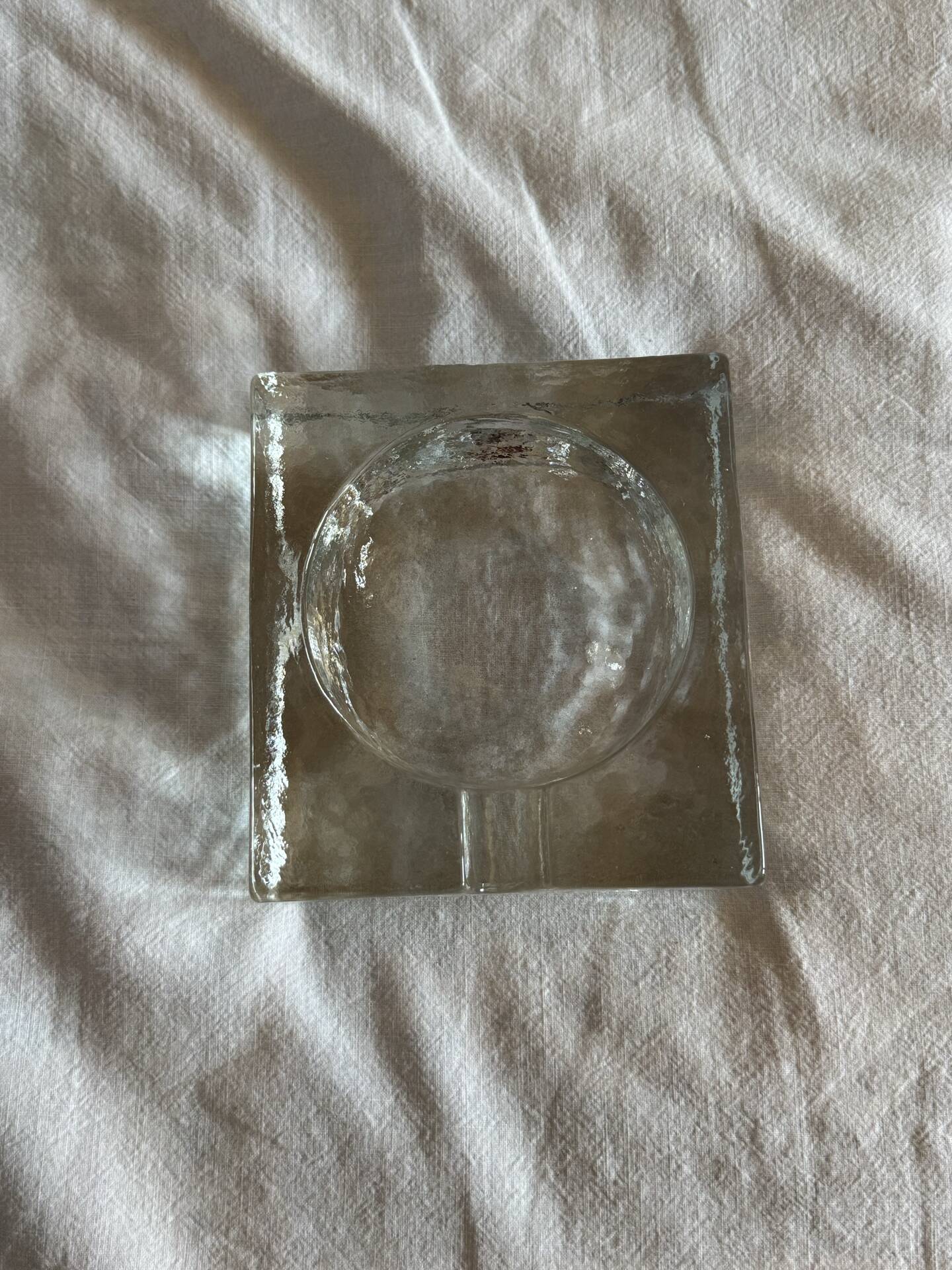 Scandinavian brutalist glass ashtray, minimalist design, 70s