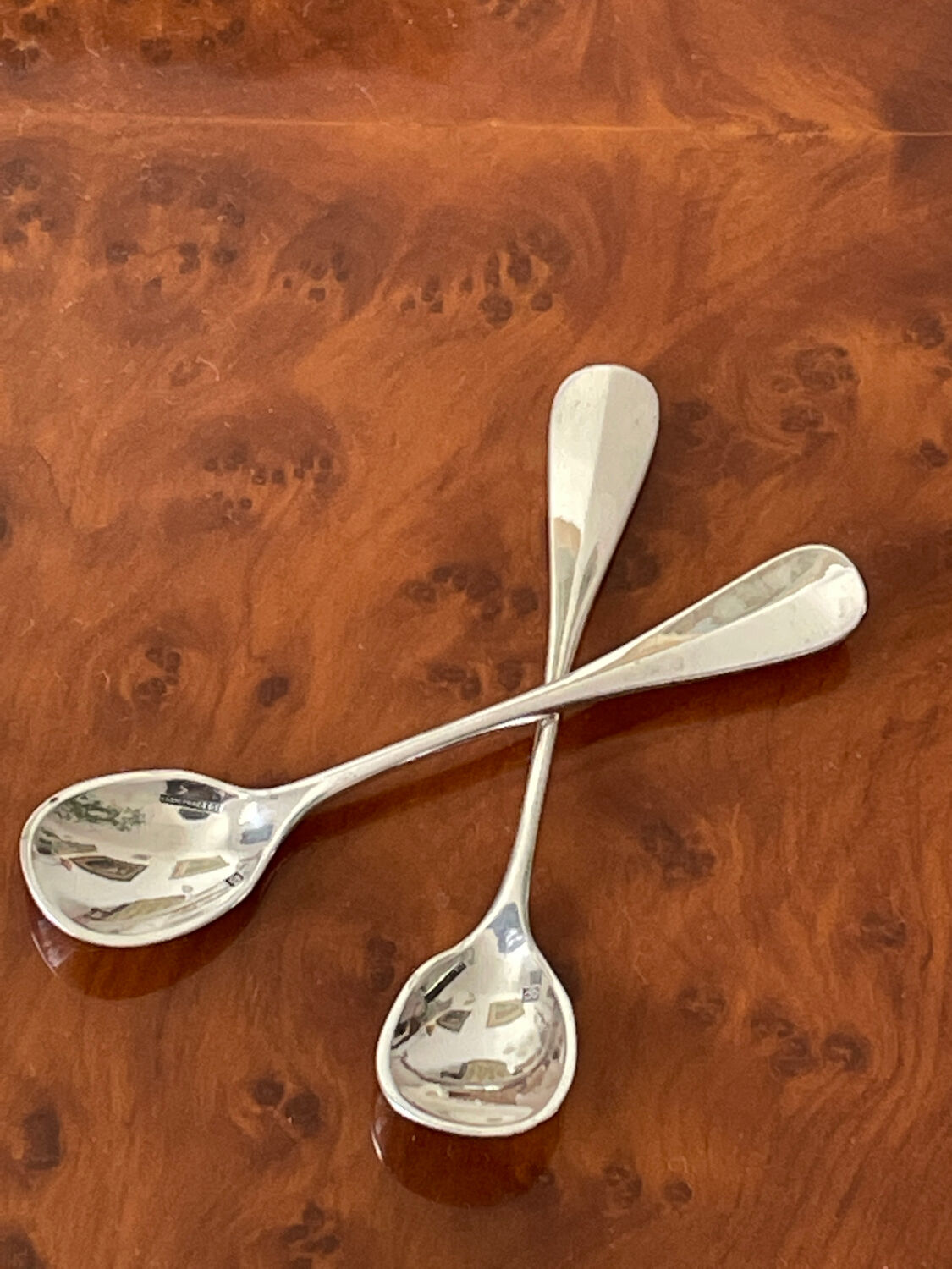 Duo of small salt spoons silver metal.