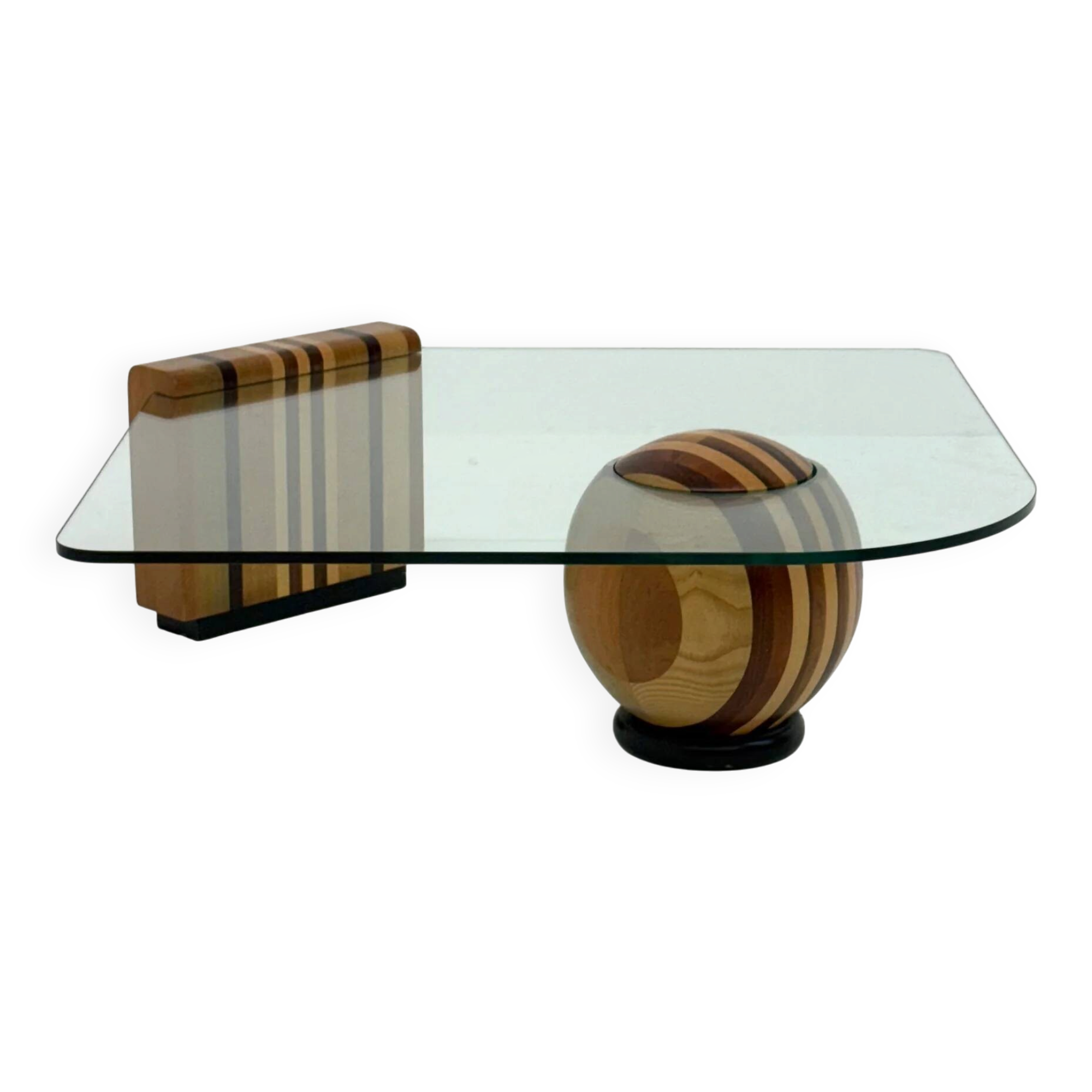 Table basse sculpturale italienne avec base en bois géométrique