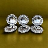 Set of 3 vintage shell butter dishes in stainless steel and cobalt blue glass