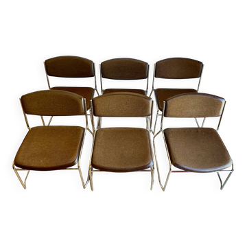 6 chaises chauffeuses luge chromées Soudexvinyl Skaï marron vintage 70s