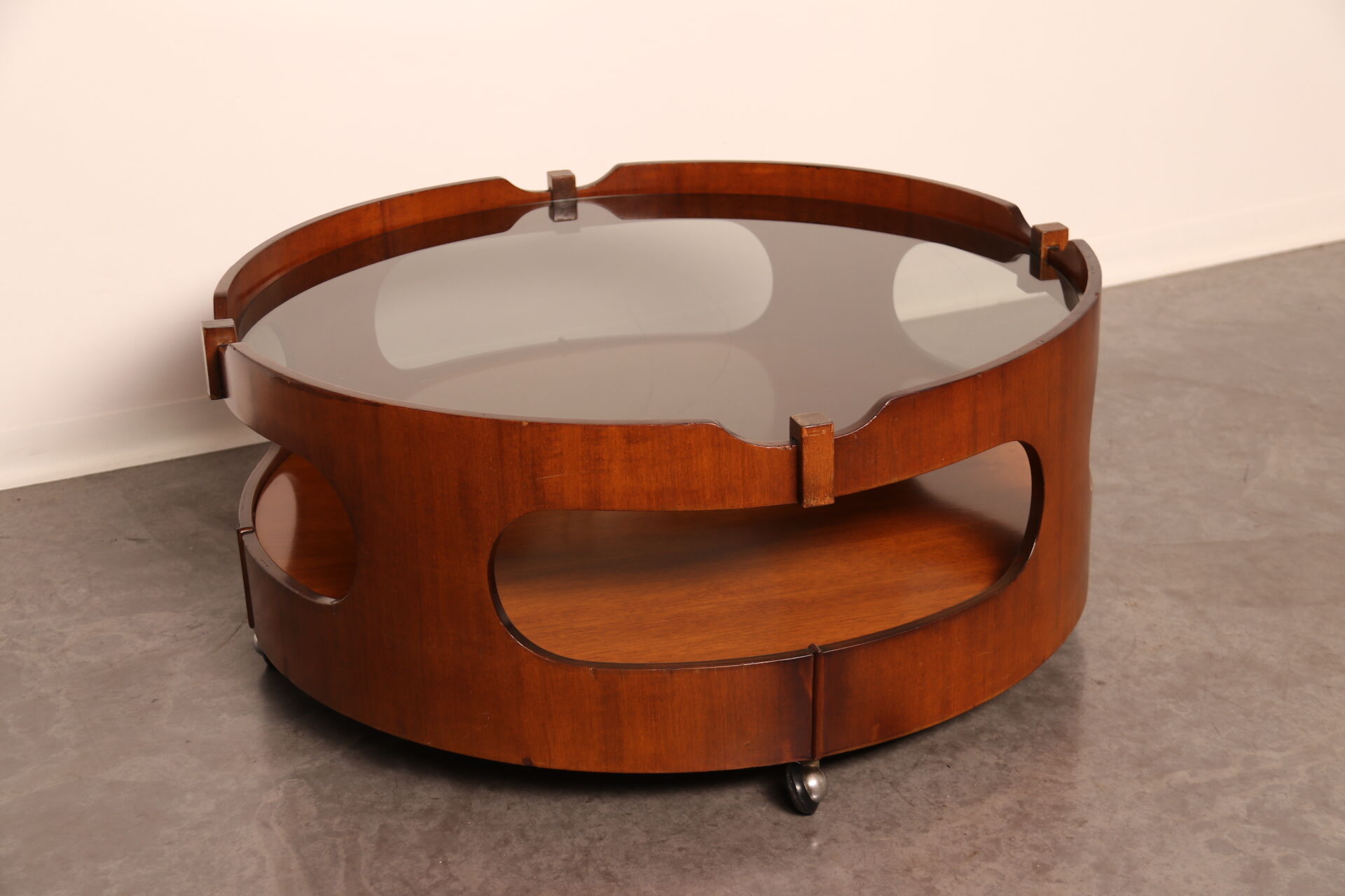Round coffee table  Frame in plywood- top in smoked glass  Italy - 1960's