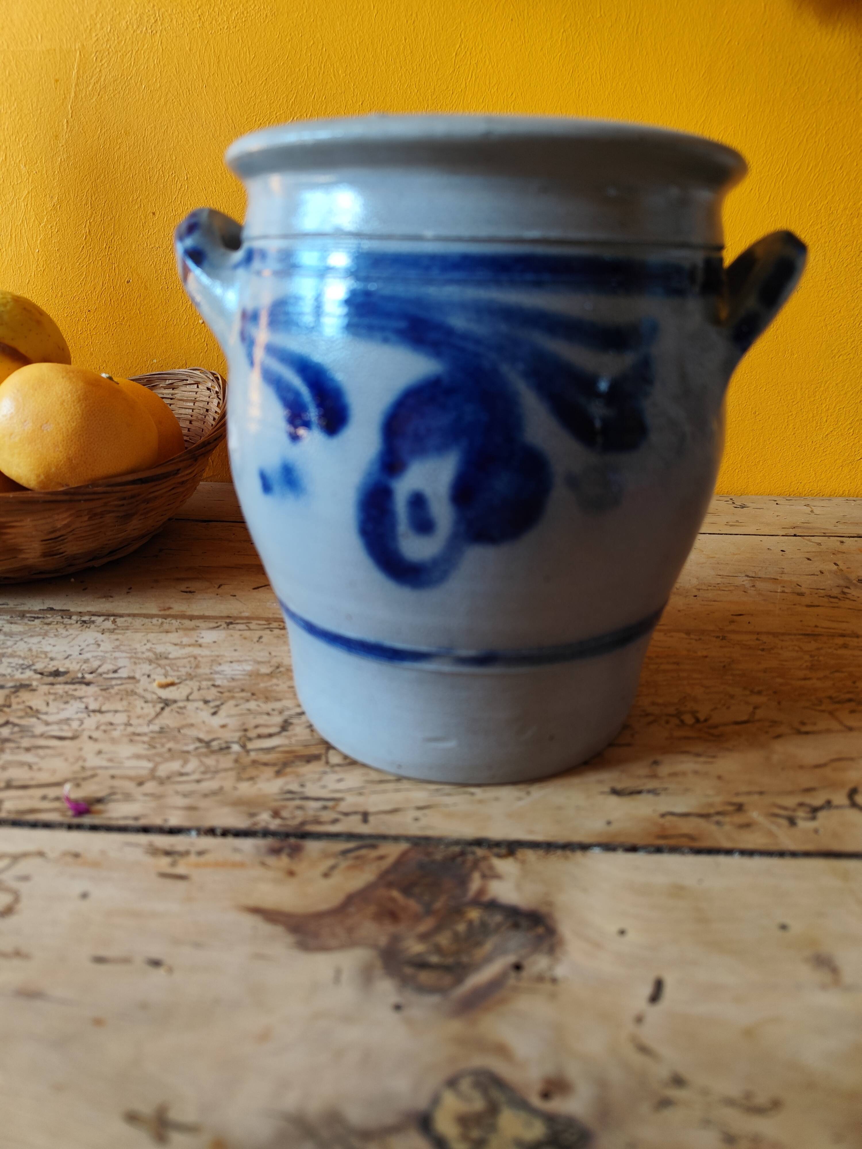 Blue and grey glazed stoneware pot from Alsace