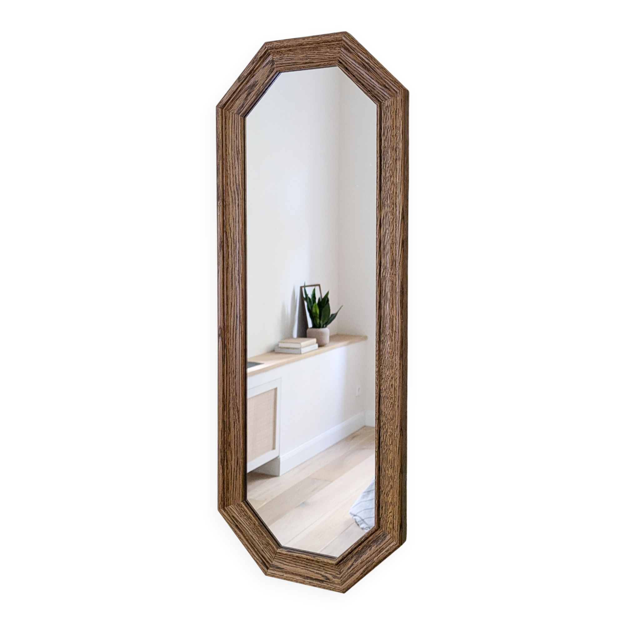 Miroir vintage octogonal bois massif nervuré entrée salle de bain chambre