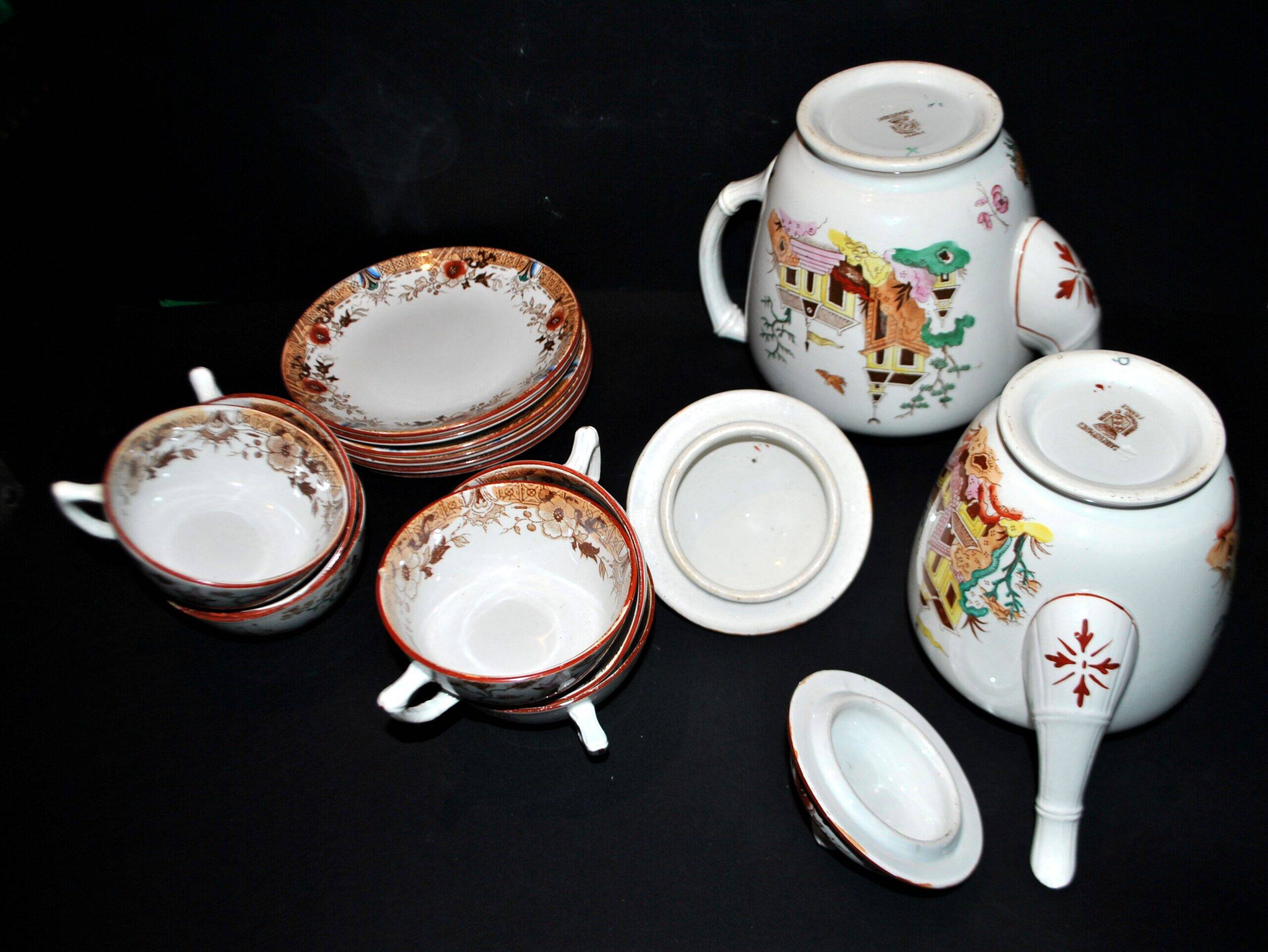 Sarreguemines coffee set 6 cups + 2 earthenware coffee pots with Chinese bamboo decor