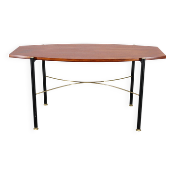 1970s Italian coffee table with teak veneer, metal & brass base