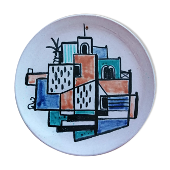 Asiette Vallauris décor "Village" in terracotta