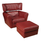 Italian armchair with footstool in leather from the 80s