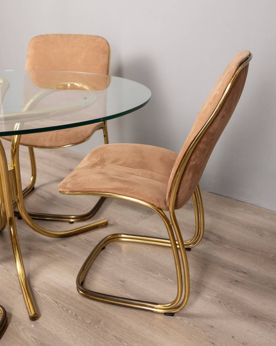 Ensemble de 4 chaises et table vintage années 70 en métal doré design gastone rinaldi