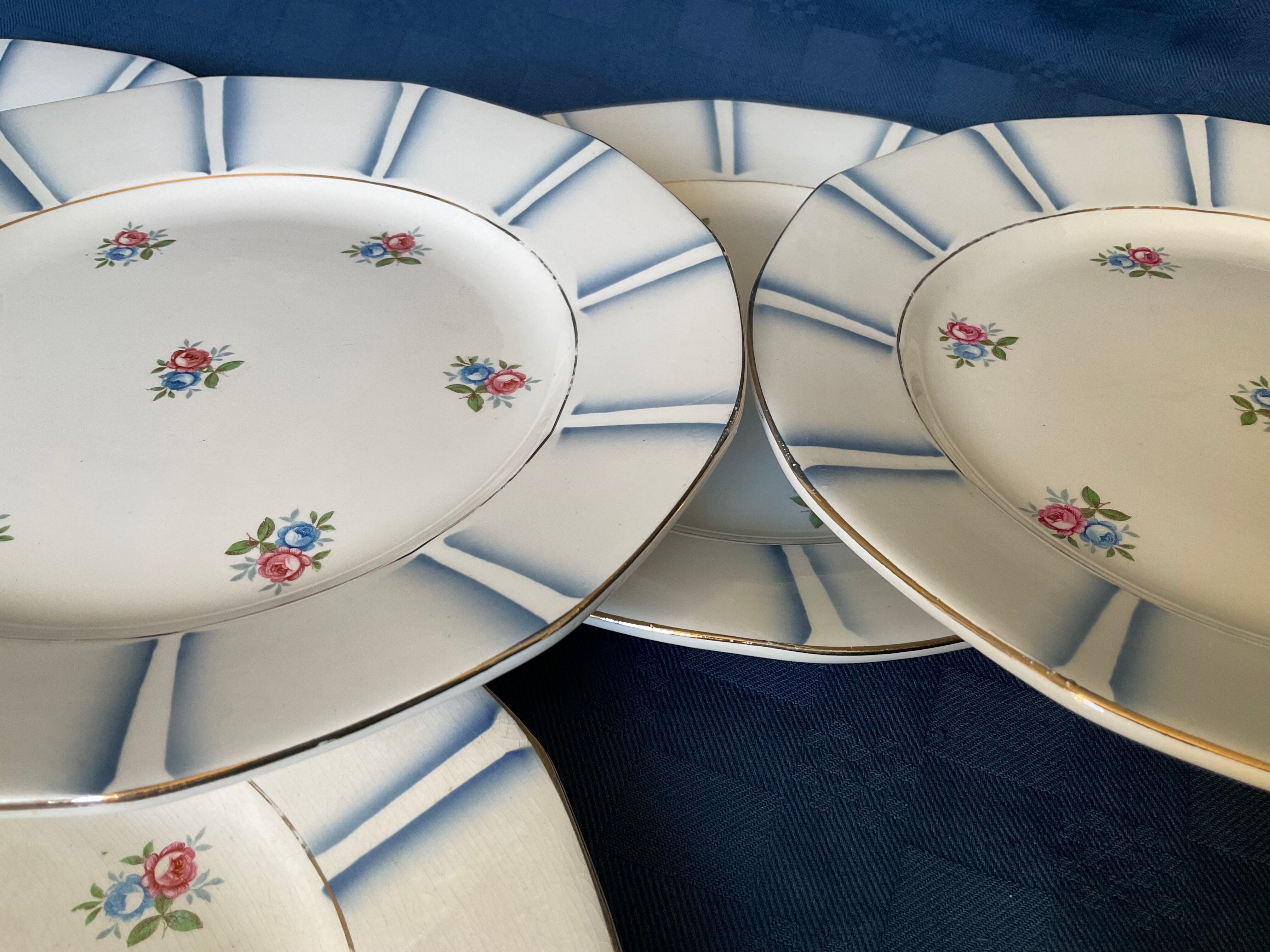 6 vintage octagonal flat plates in floral porcelain, 1960s