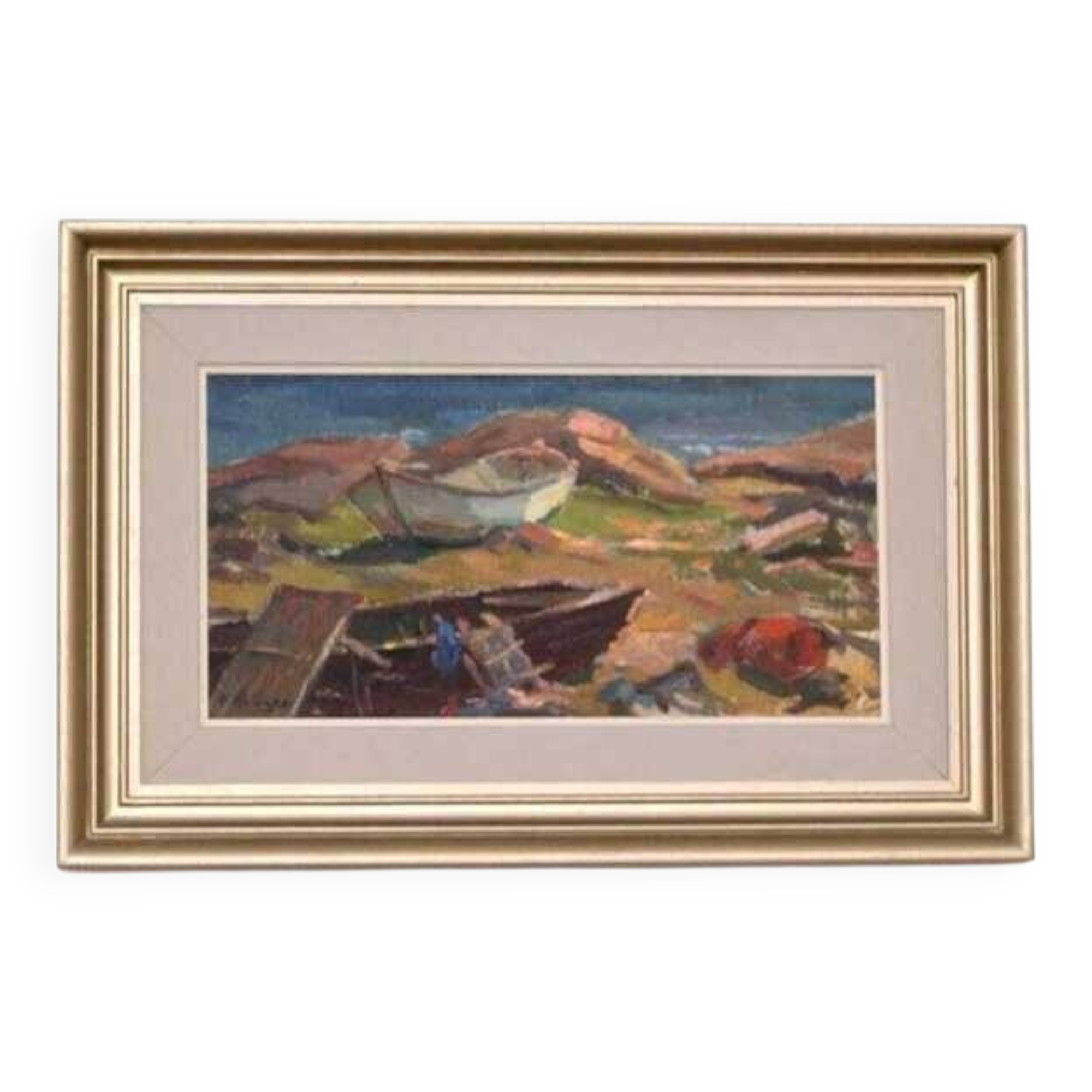 Original mid-century Swedish oil on panel – “Coast” by E. Kruger – vintage & framed – 49 × 33 cm
