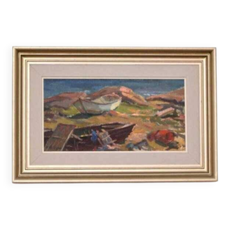 Original mid-century Swedish oil on panel – “Coast” by E. Kruger – vintage & framed – 49 × 33 cm
